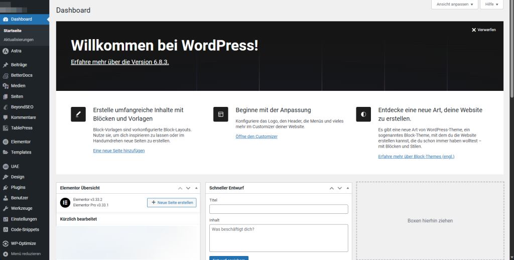 wordpress dahsboard nach login