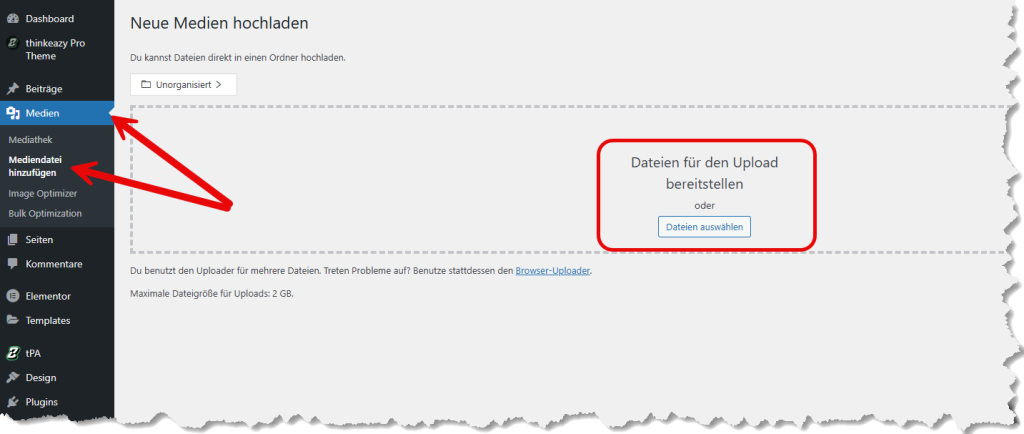 WordPress neue Medien hochladen